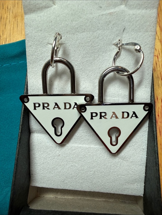 Prada Jewelry - Prada White Enamel Triangle Padlock Drop Earrings with Silver-Tone Hardware